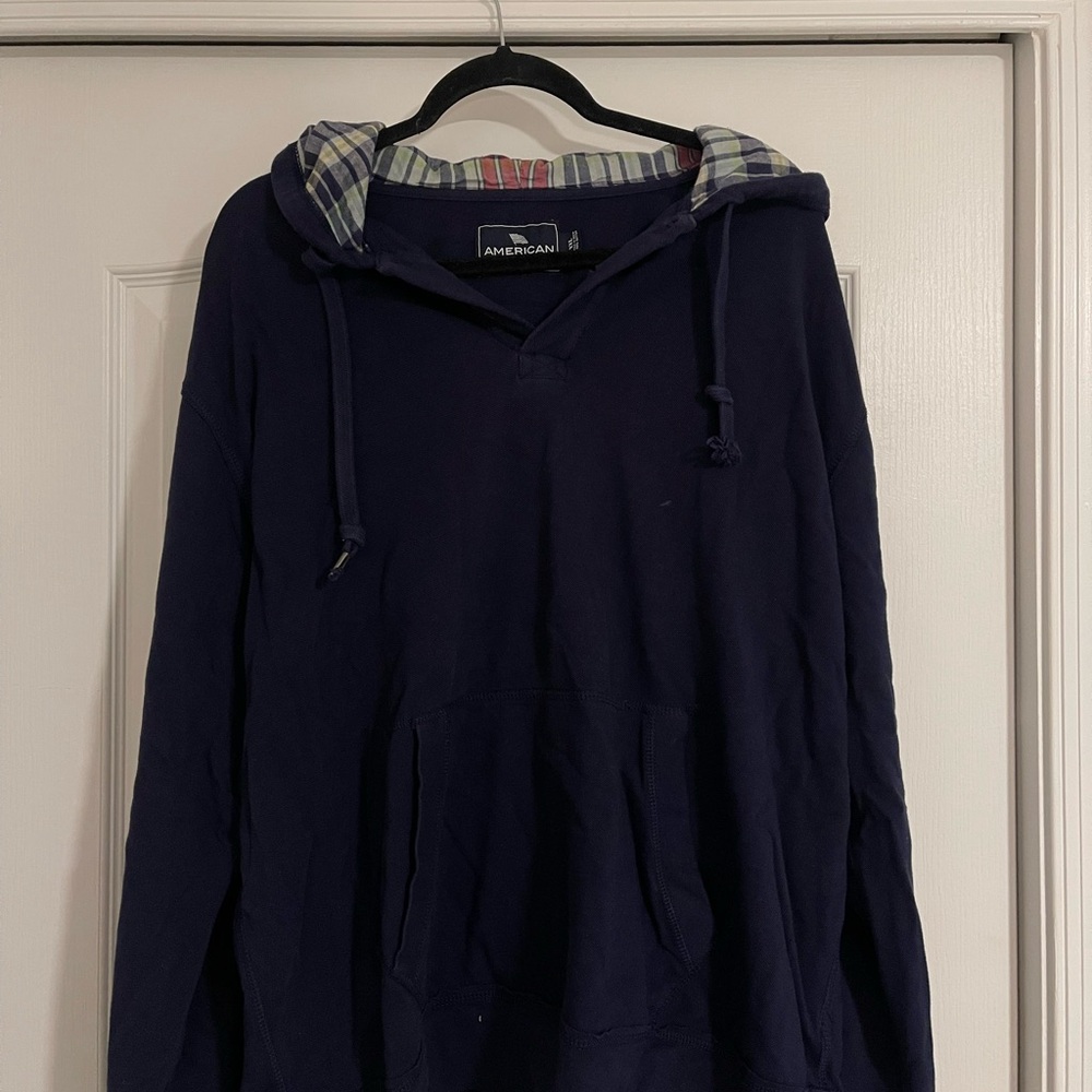 American Living Men's Navy Hoodie with Plaid Lining